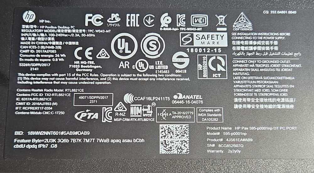 HP Pavilion 595-p0001np i5-8400 8GB .nvme 256gb . GTX1030.windows 11.