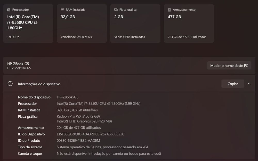 HP ZBook G5 – Workstation Profissional | i7 | 32GB RAM | SSD 500GB | Radeon Pro