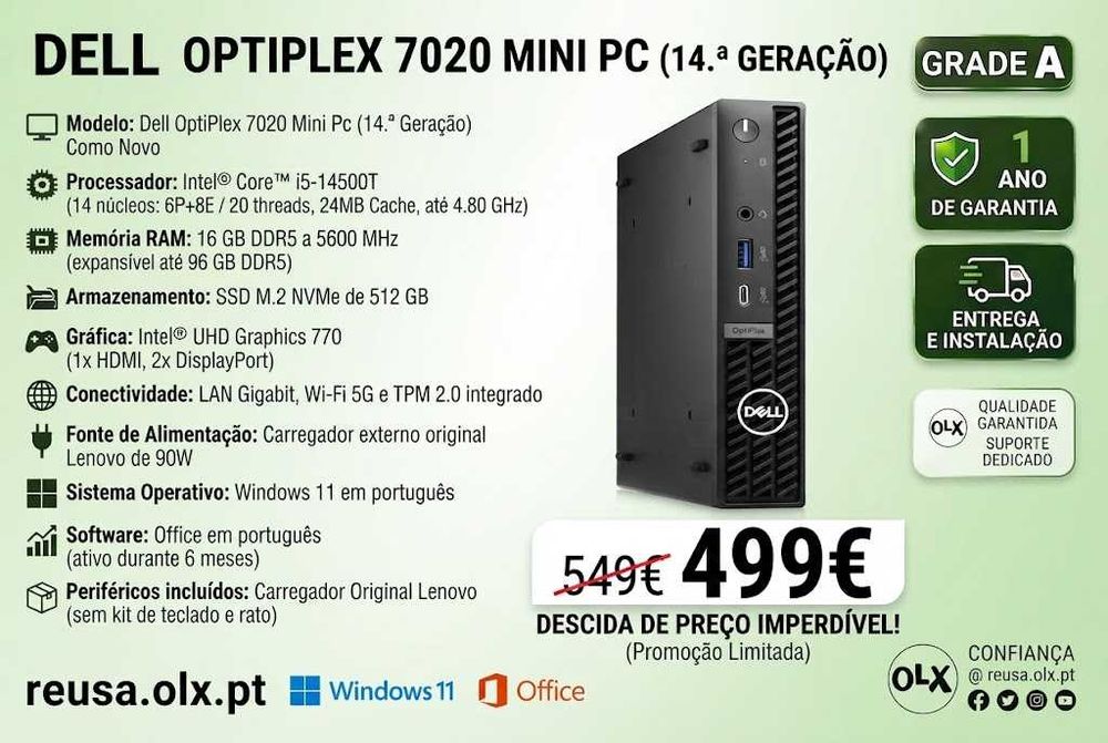 Mini PC Dell OptiPlex 7020 | i5-14500T | 16GB DDR5 | NVMe 512GB | WiFi | W11