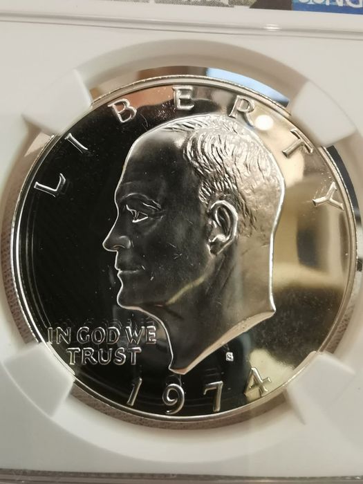 США 1 долар 1974р. Ейзенхауер. СРІБЛО. СЛАБ NGS PF68