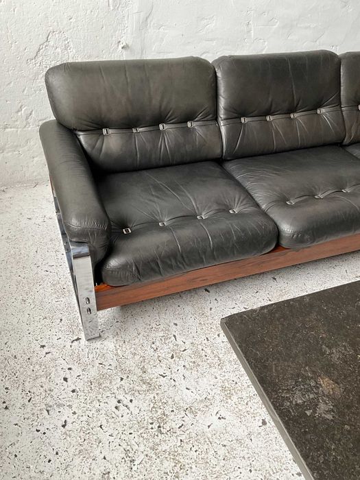 Sofa mid century skóra palisander chrom lata 60 70 vintage design