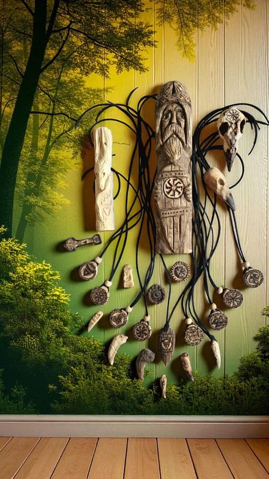 Rzeźba wisiorek słowiański drewniany kieł kruk czaszka wilk wiking