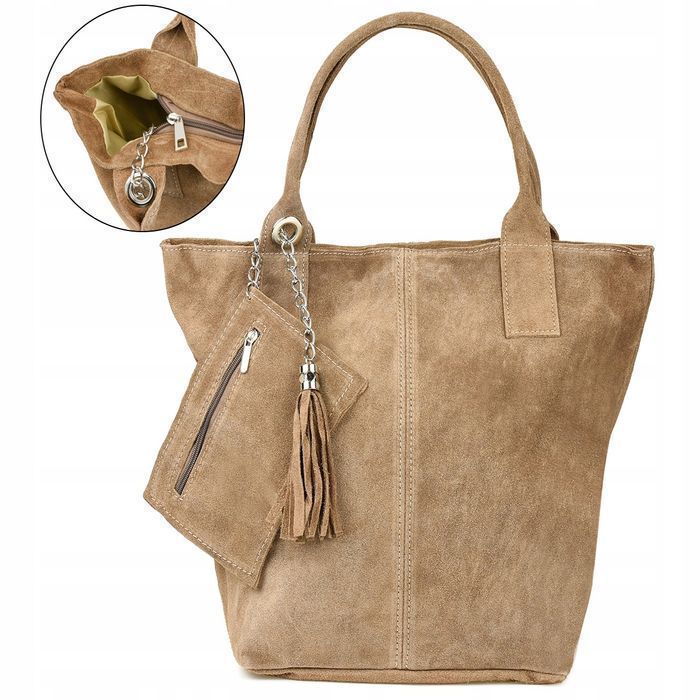 Włoska Torebka Skórzana Zamszowa A4 na suwak duża beżowa do pracy nowa