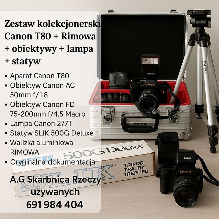 Zestaw kolekcjonerski Canon T80 + Rimowa + obiektywy + lampa + statyw