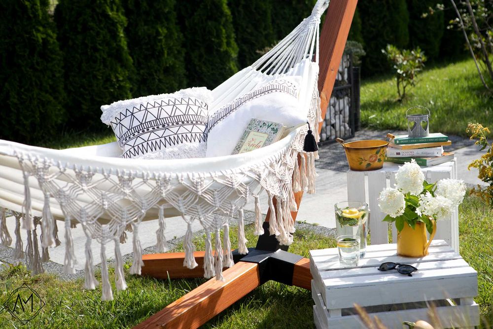 Hamak bawełniany Leżak brazylijski MAKRAMA Ecru / Grafit / Czarny XXL