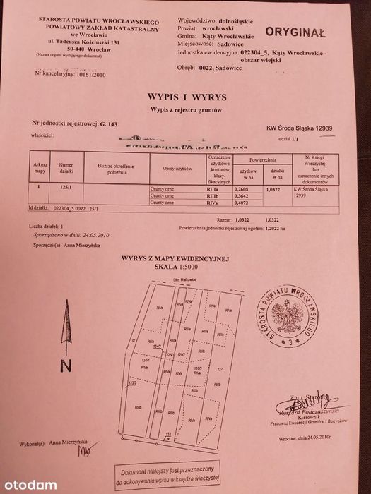 NOWA, NIŻSZA CENA!!!  Działka rolna w Sadowicach, gm. Kąty Wrocławskie