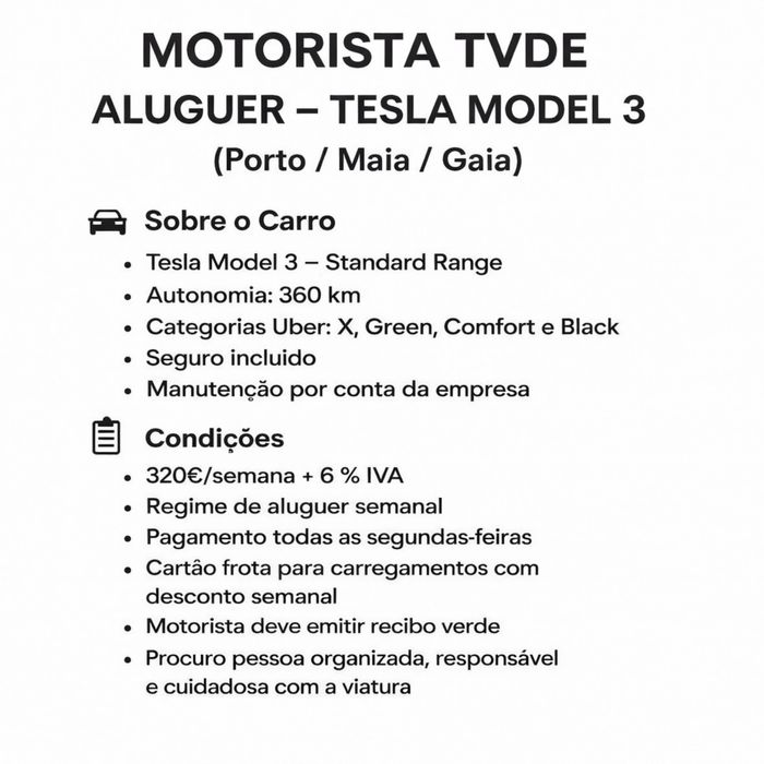 Tesla Model 3 para Aluguer 24horas TVDE