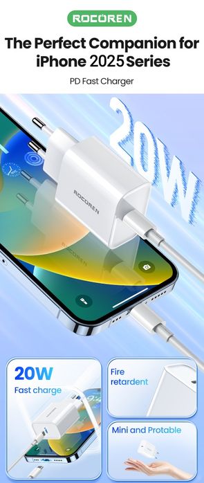 Зарядка PD20W+Кабель. Rocoren, адаптер, блок питания/живлення,зарядное