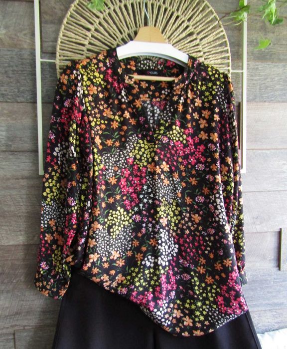 Bluzka 100% wiskoza koszula jesienne kwiaty łączka v-neck millefleurs 44 XXL