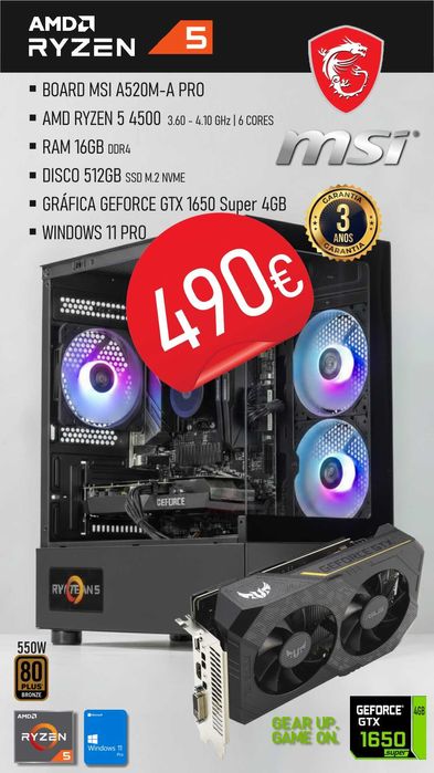 Computador Gaming MSI Ryzen 5 4500 / A520 / GTX 1650S [NOVO]