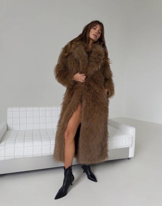Шуба повної довжини з екохутра Yak, Rikky Hype — коричнева