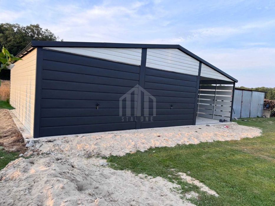 Garaż blaszany 6x5m + wiata 3m - 2x brama okno biały dach rynny SO131