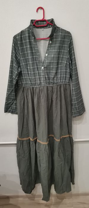 Nowa długa sukienka boho XL oliwkowa krata – zwiewna i wygodna