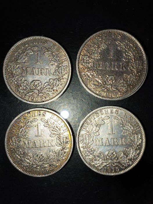Moedas de Prata 900, 1 Marco 1905, 1906, 1914 e 1915 Alemanha