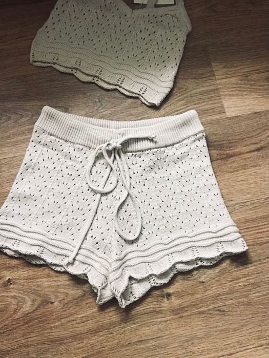 Nowy komplet  ażurowy bawełna/spodenki top bluzka cotton beżowy