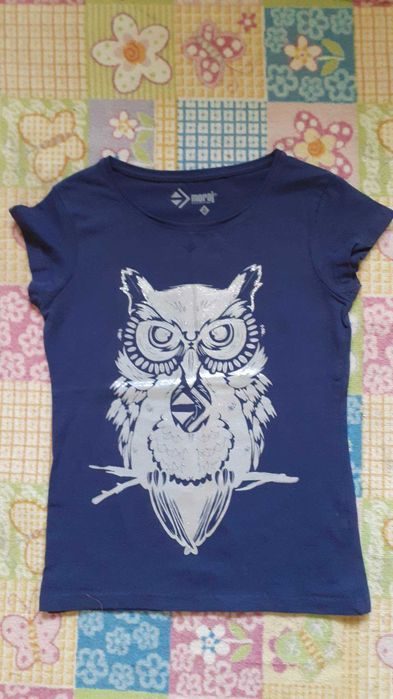 T-shirt granatowa bluzka z krótkim rękawem S srebrna sowa błyszcząca