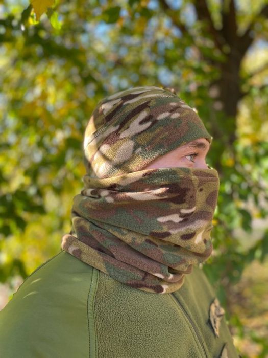 Флісова шапка мультикам, піксель, чорна, олива/хакі