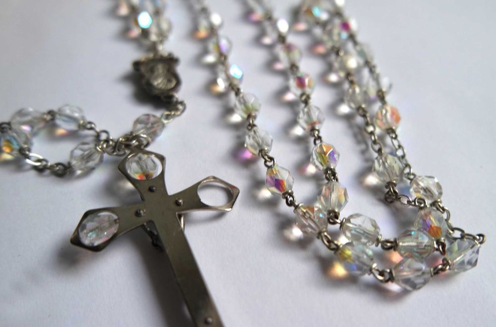 Różaniec piękny szklany opalizujący vintage duży naszyjnik