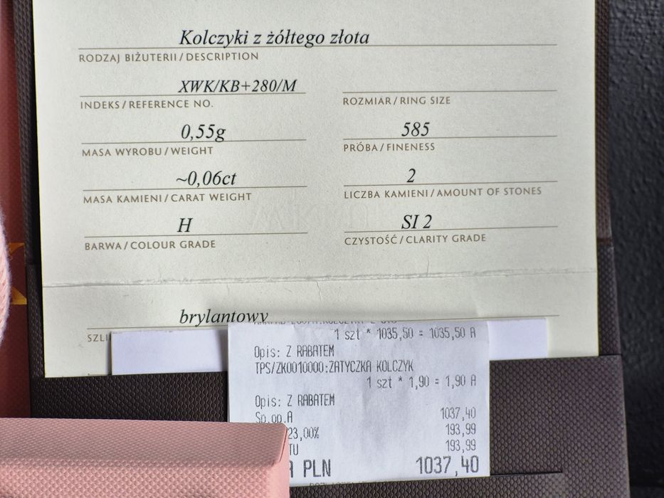 Złote kolczyki z diamentami W.Kruk gwarancja certyfikat 585