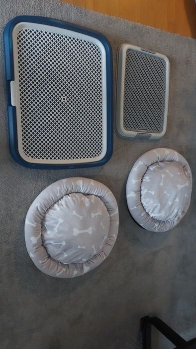 Camas e bandeja sanitária de treino para cães