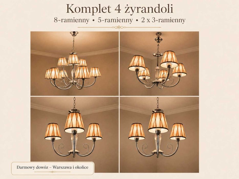 4 żyrandole glamour 8+5+3+3 | komplet | dowóz Warszawa