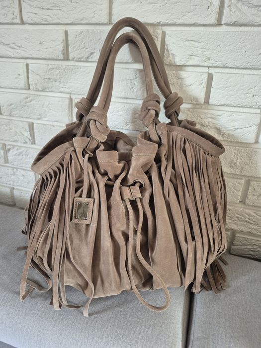 BLUMARINE beżowa torebka torba zamsz naturalny frędzle