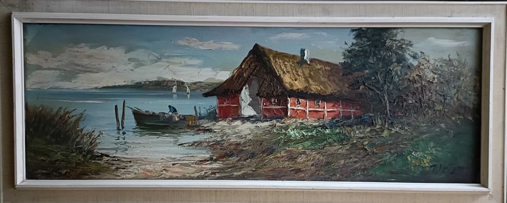 Obraz olejny na płótnie, pejzaż z łodzią