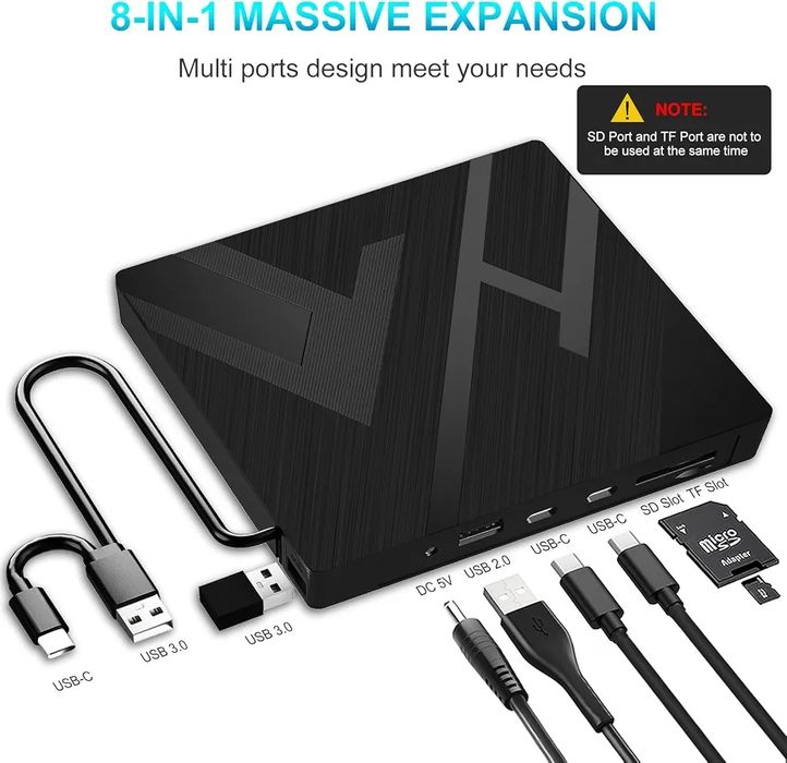Zewnętrzny napęd CD DVD USB 3.0 typu C, z czytnikiem kart SD/TF,