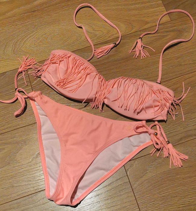 Kostium strój kąpielowy bikini frędzle pomarańczowy morelowy M 38 S 36