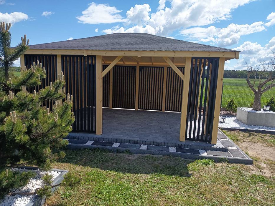 Nowoczesna altana 4x6 m, lamele, gont bitumiczny - producent