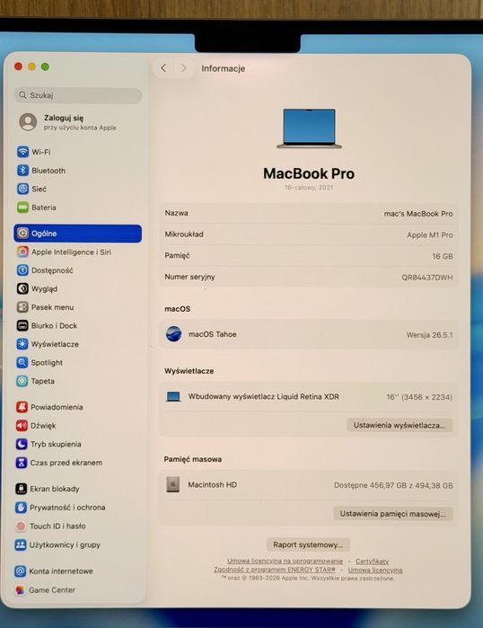 2021 MacBook Pro A2485 16” M1 PRO 16GB 512GB - Komplet, bez blokad