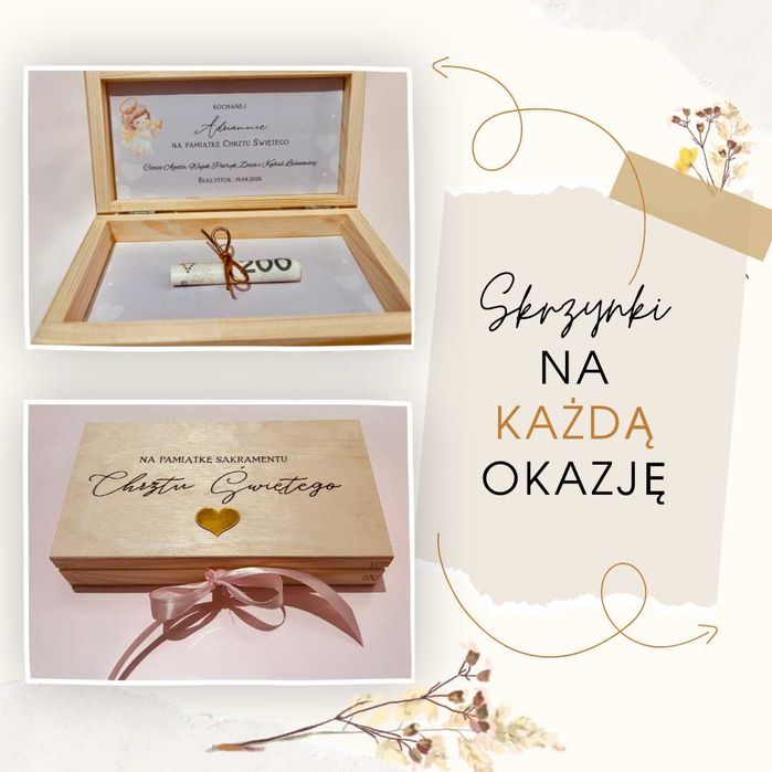 Pamiątkowe skrzyneczki na pieniądze na każdą okazję: Chrzest Święty, I Komunia Święta, urodziny, podziękowanie