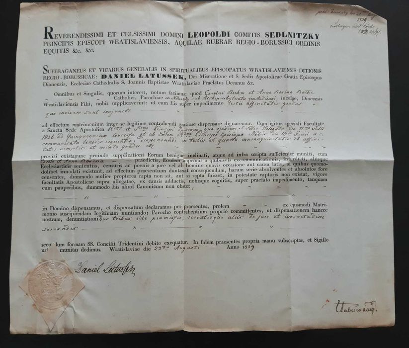 Biskup Daniel Latussek Bralin Kępno Nowa Sól akt dyspensy ślub 1839