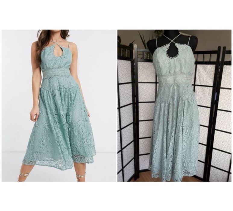 Koronkowa sukienka midi ażurowa haftowana L 40 asos luxe  haft morska