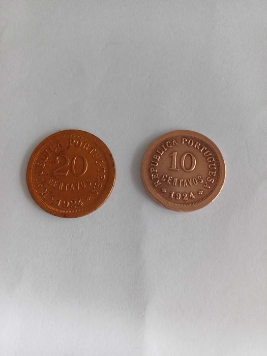 Rare 20 and 10 Centavos Coins from 1924, First Portuguese Republic