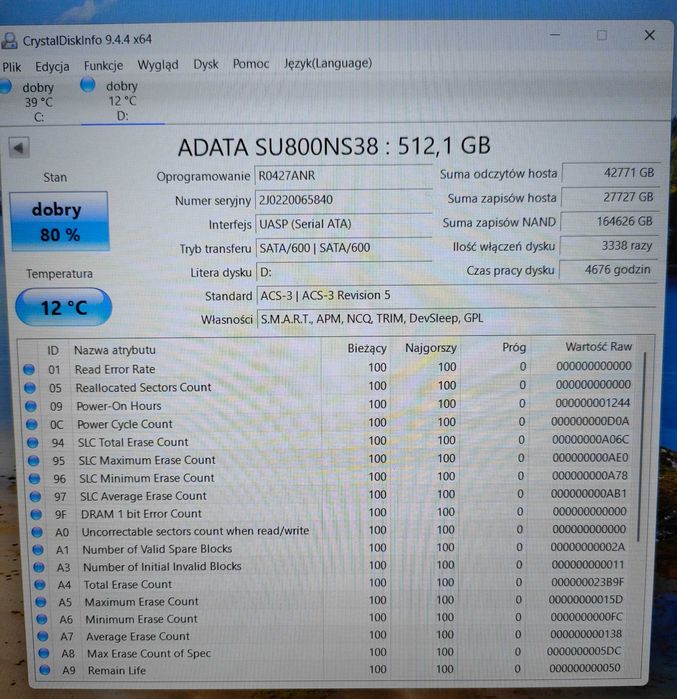 Dysk SSD Adata ultimate su800 512GB M.2 SATA III z kieszenią ORICO