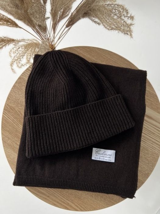 Czekoladowy brązowy kaszmirowy komplet czapka i szalik zestaw