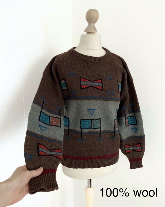 Brązowy sweter we wzorki ciepły XS 34 S 36 vintage retro 100% wełna