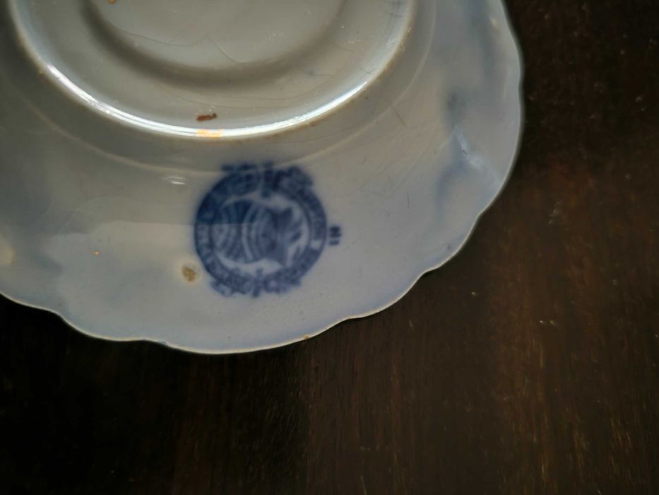 Chávenas fainça inglesa azul borrão, "Shangai Trade Mark England"