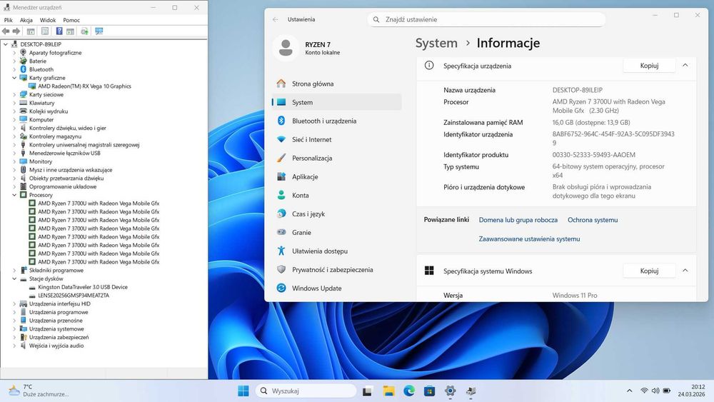 MOCNY Lenovo ThinkPad Ryzen7/16gbDDR4/256SSD/Vega10/BateriaOK