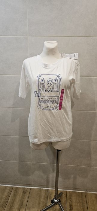 Bialy nowy t shirt 158 164 bialy xs s damski ryby nowy z metka