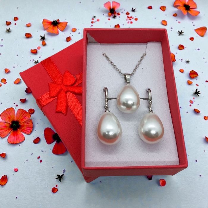 Komplet Zestaw Bizuteria Srebrny Kolor Posrebrzany Perełowa Kropla