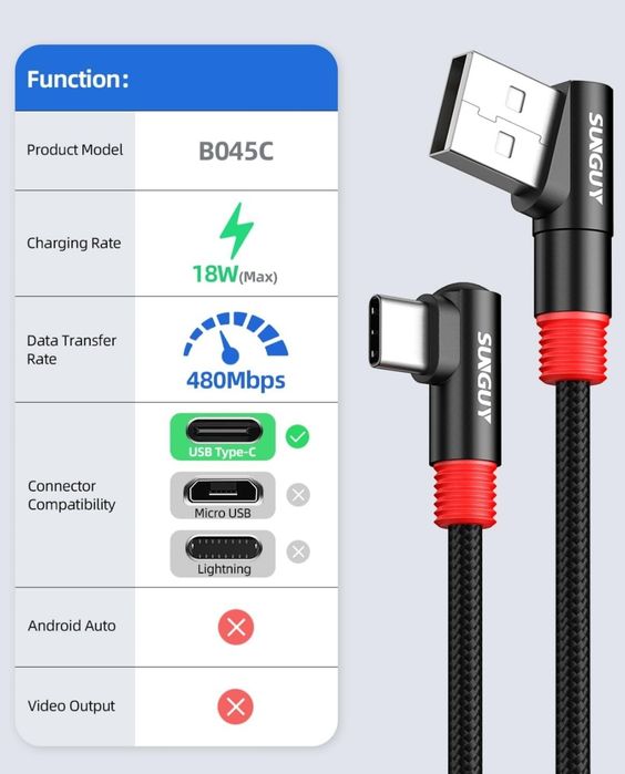 SUNGUY Kabel USB C, 90 stopni kąt prosty kabel USB 2.0 szybkie ładowan
