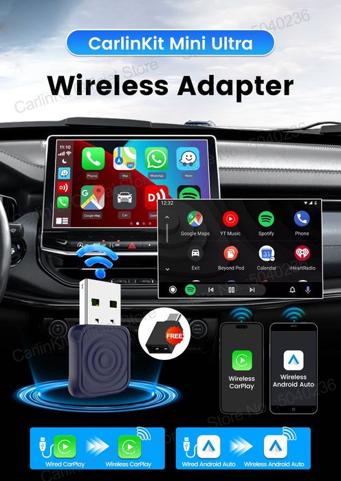CarlinKit Mini Ultra: Wireless CarPlay & Android Auto 2-em-1 NOVO