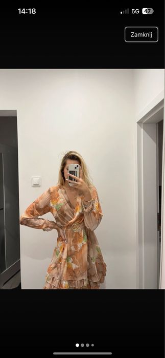 Nowa sukienka z metką beżowo zielona kwiaty, pasek w zestawie glamour