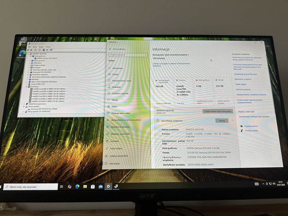 Komputer stacjonarny do gier Intel Core i5 9400f 16GB RAM GTX1050 ti 4GB