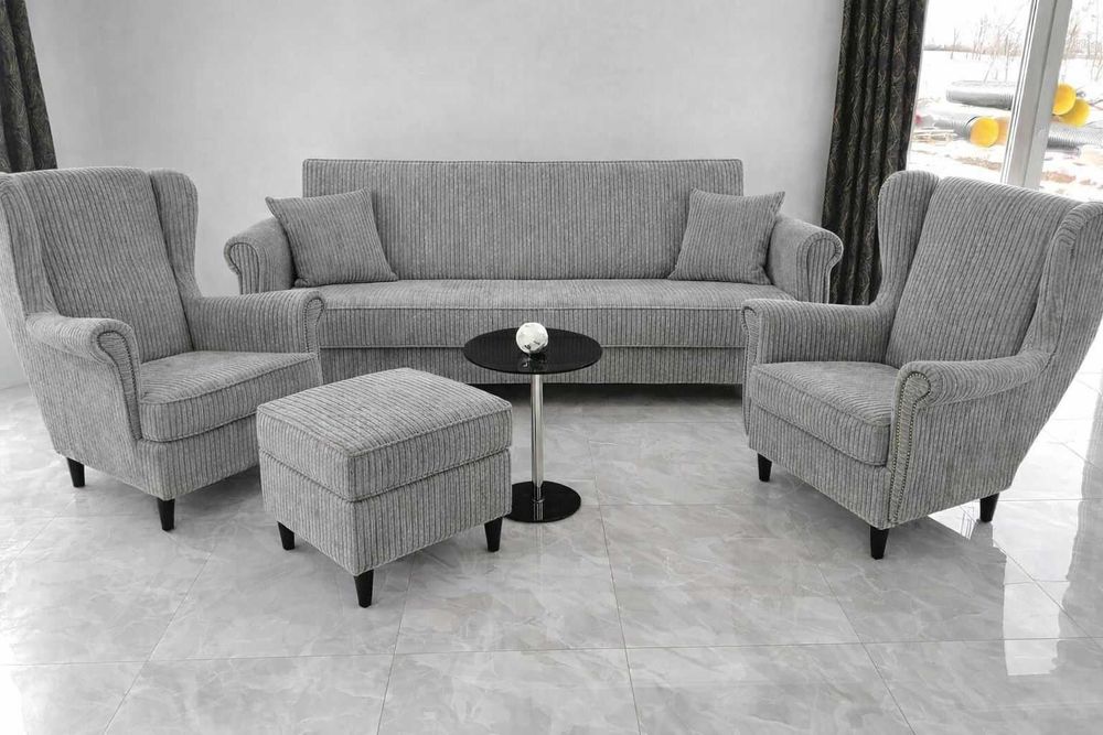 Komplet mebli zestaw wypoczynkowy kanapa fotel uszak podnóżek otwieran