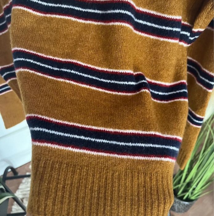 Ciepły Sweter oversize paski karmelowy włochaty granatowy milutki