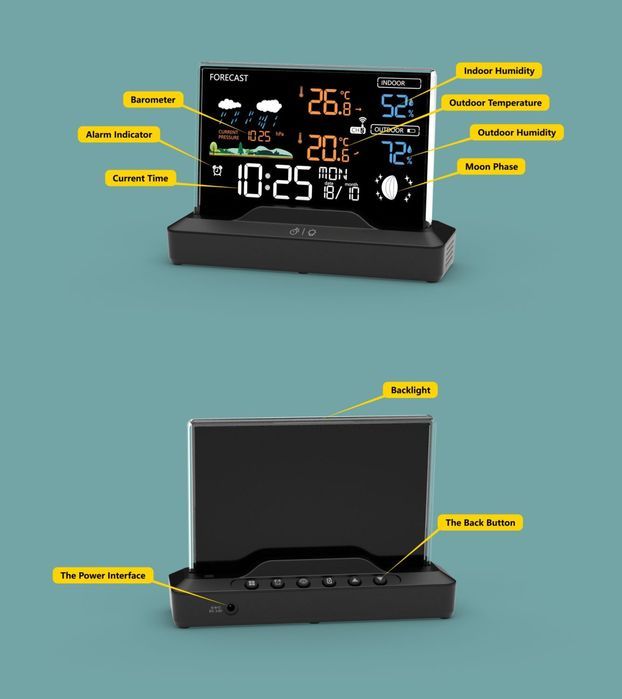 Stacja Pogodowa Podświetlana Wyświetlacz Lcd Bezprzewodowa Z Czujnikie