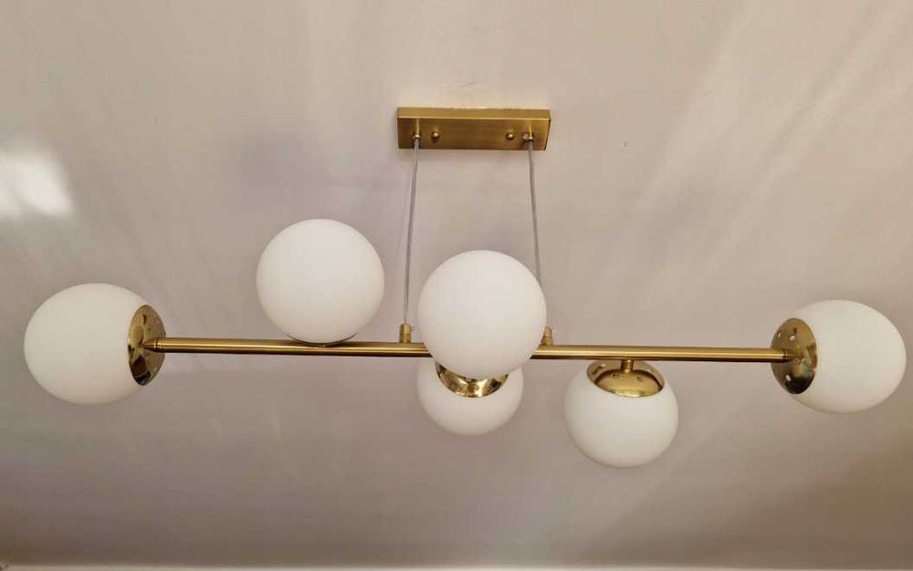 Lampa Nowoczesna Wisząca Sufitowa Złota LED 6x G9 Kule Klosz Mleczny Loft Żyrandol